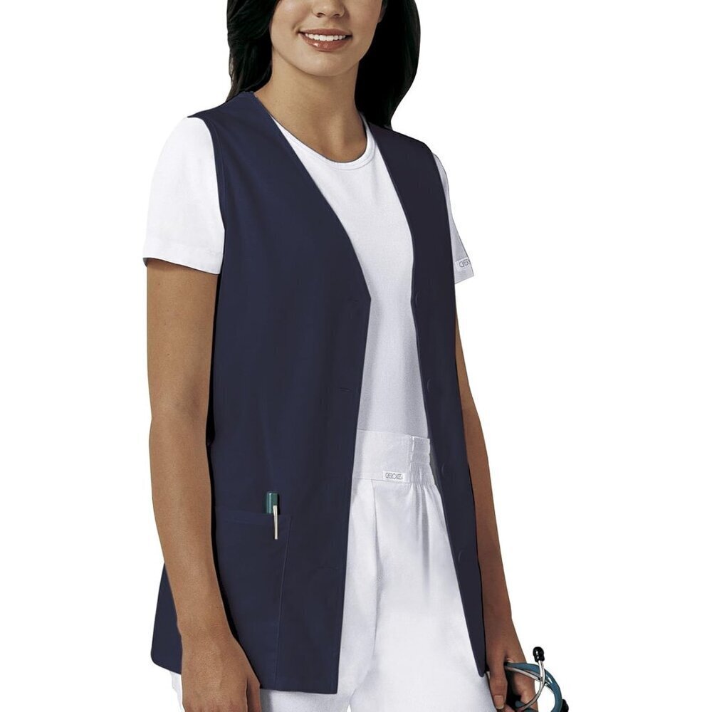 Women's Scrub Vest Plus Size Navy Cotton-Polyester Button Front Pockets